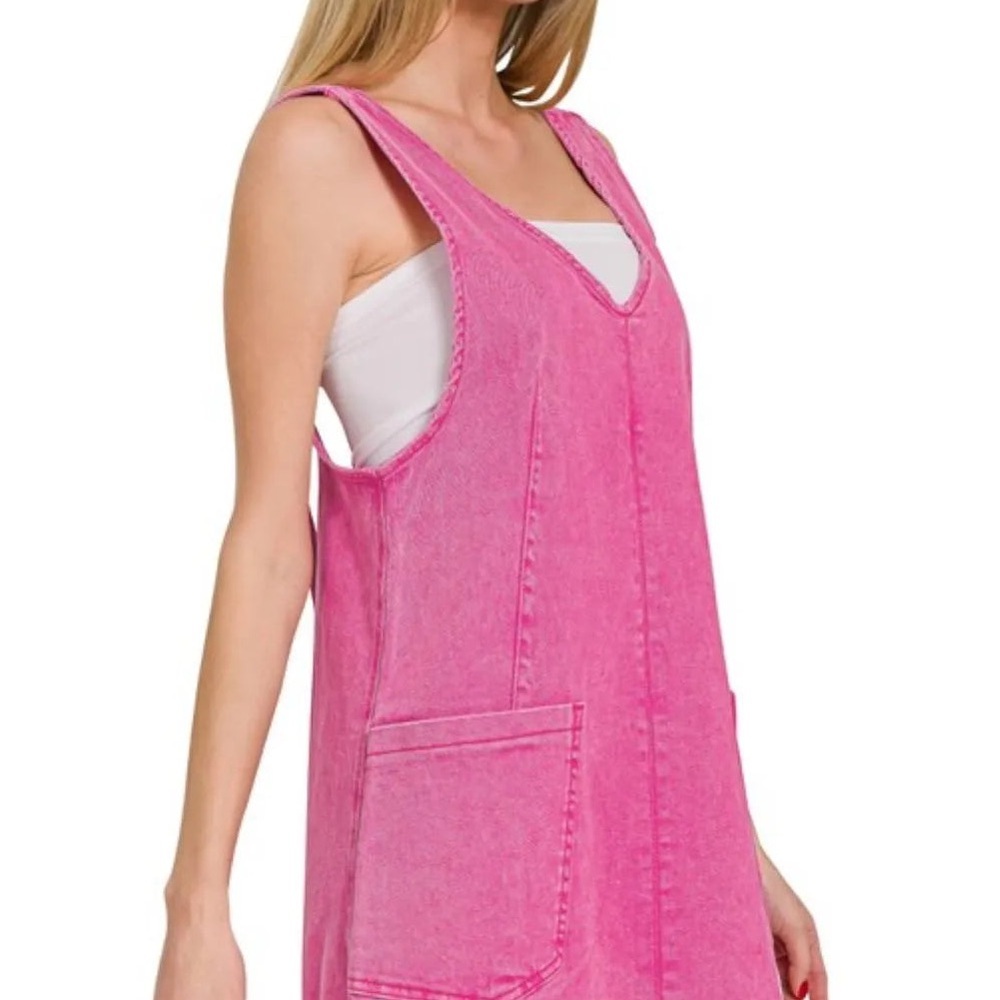 Zenana Washed Pink Denim Short Overalls | Adjustable Straps - Picture 2 of 4